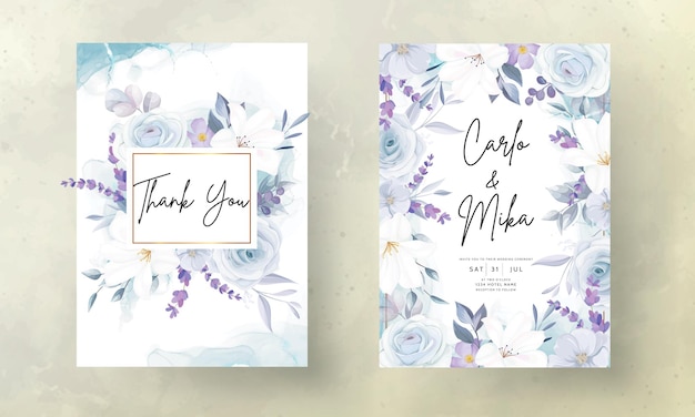 Elegant hand drawing ice blue floral wedding invitation card