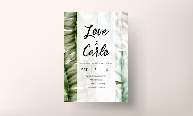 elegant hand drawing watercolor tropical leaves invitation card