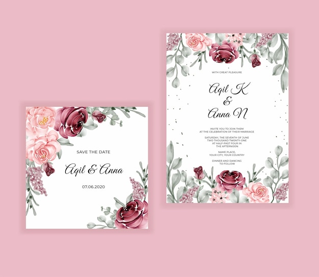 Elegant hand drawing wedding invitation watercolor floral