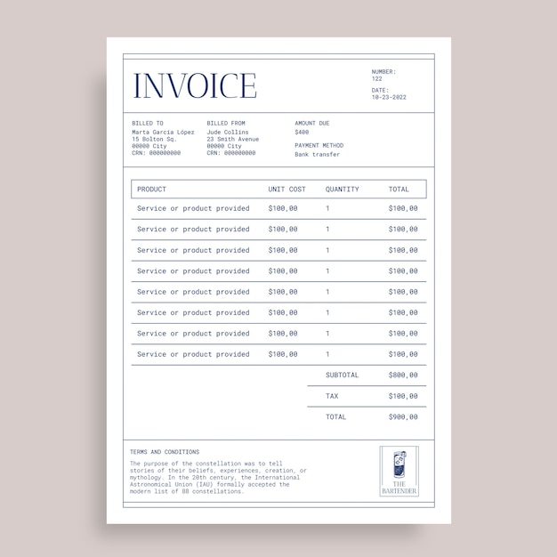 Free vector elegant hand drawn the bartender invoice