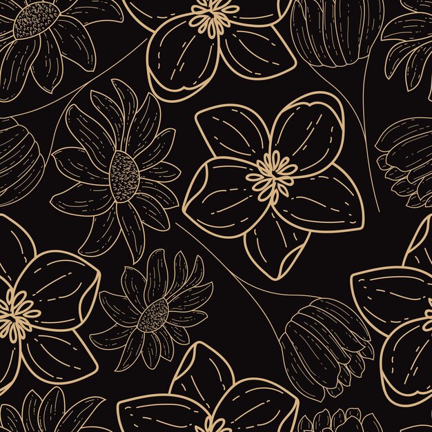 Elegant hand drawn golden floral seamless pattern