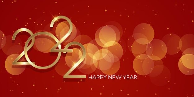 Elegant happy new year banner design with gold lettering and bokeh lights