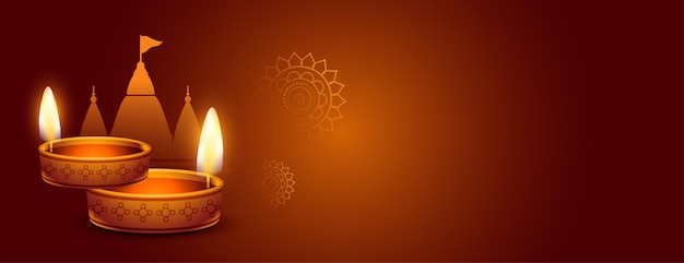 Free vector elegant hindu festival banner with 3d oil diya and temple design