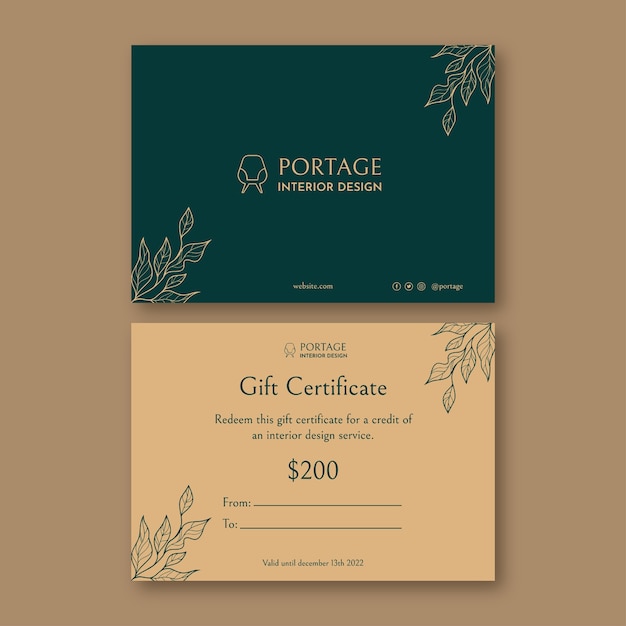Free vector elegant interior design gift certificate template