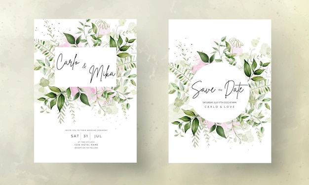 Elegant leaves watercolor wedding invitation with splash watercolor background