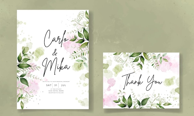 Elegant leaves watercolor wedding invitation with splash watercolor background