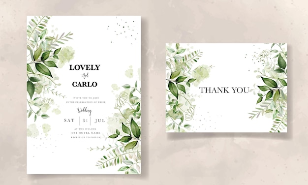 Elegant leaves watercolor wedding invitation with splash watercolor background Free Vector
