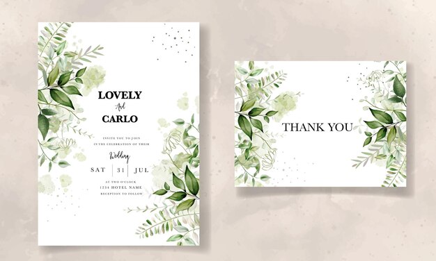 elegant leaves watercolor wedding invitation with splash watercolor background