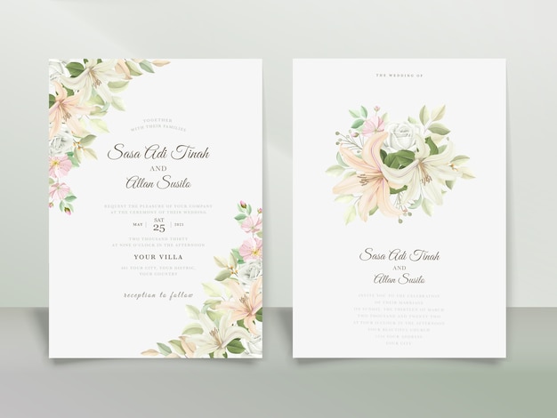 Free vector elegant lily wedding invitation card set