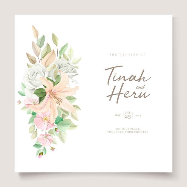 Free vector elegant lily wedding invitation card set