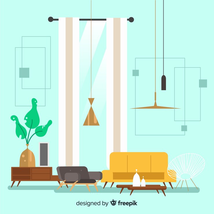 무료 Vector 평면 디자인의 우아한 거실 인테리어