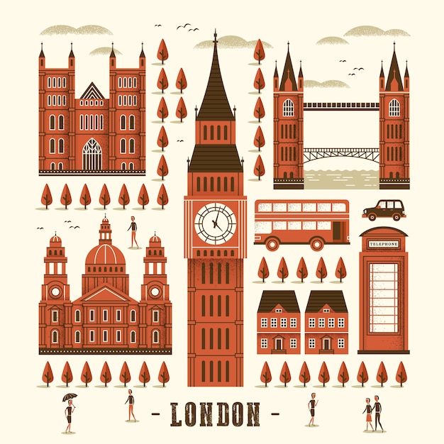 Elegant london attractions collection in flat style