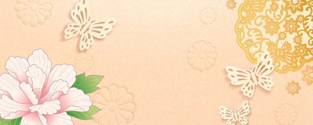 Elegant lunar year banner design with peony and butterflies decoration