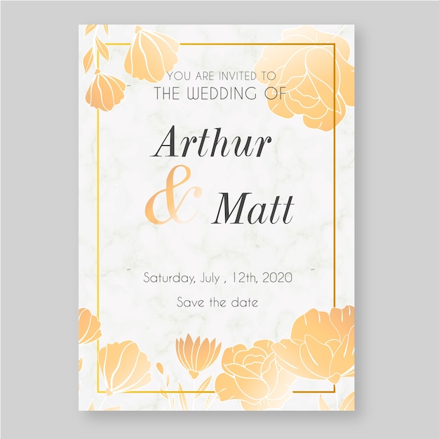 Free vector elegant marble wedding invitation template with golden details