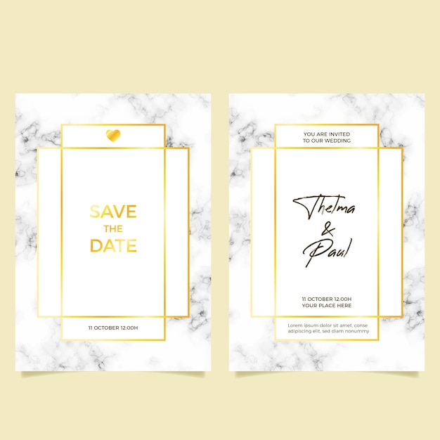 Free vector elegant marble wedding invitation template with golden details