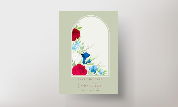 エレガントなあずき色のネイビーの花の招待状カード テンプレート