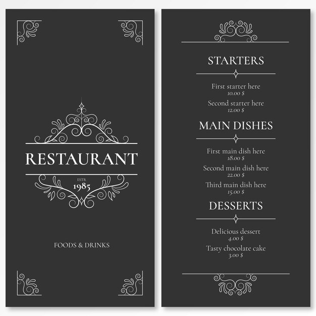 Элегантный шаблон меню для ресторана с орнаментом