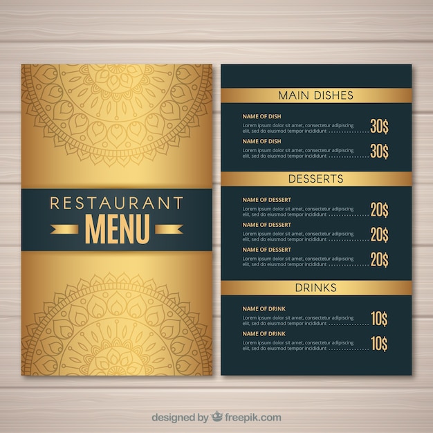 Elegante modello di menu con colore dorato