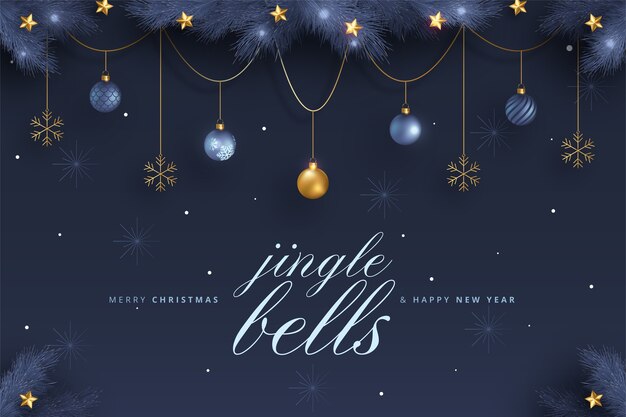 Elegant Merry Christmas and New Year Card with blue and golden ornaments