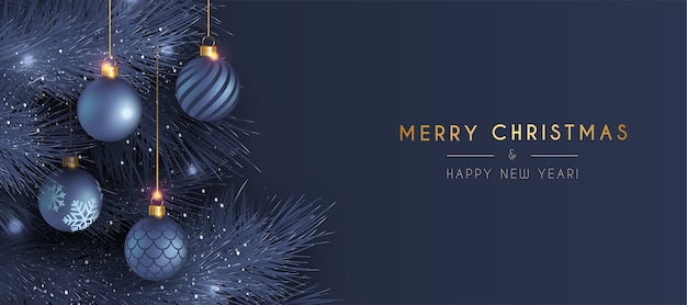 Elegant merry christmas and new year card with realistic blue decoration