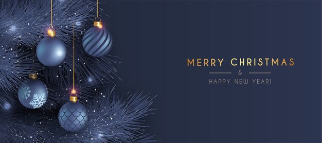 リアルな青い装飾が施されたエレガントなメリークリスマスと新年のカード