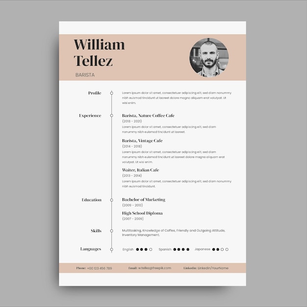 Elegant minimalist barista european format cafe resume