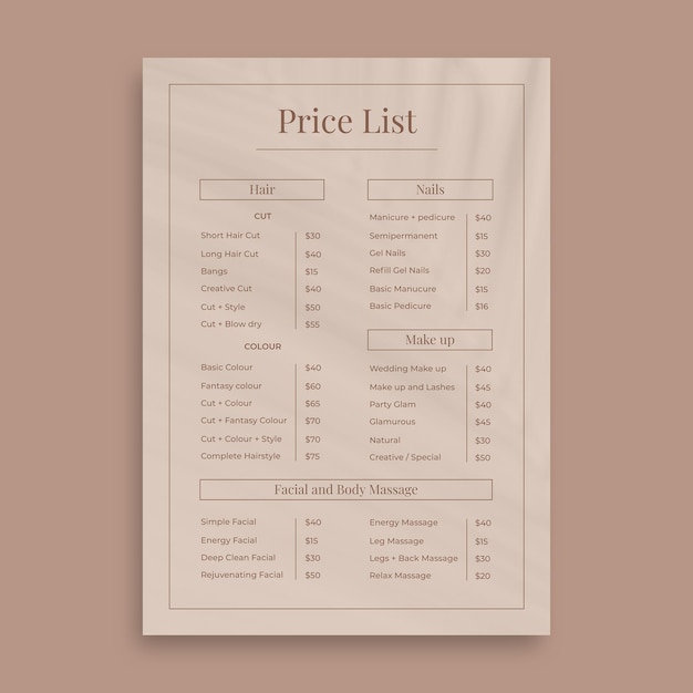 Free vector elegant minimalist beauty saloon prices list