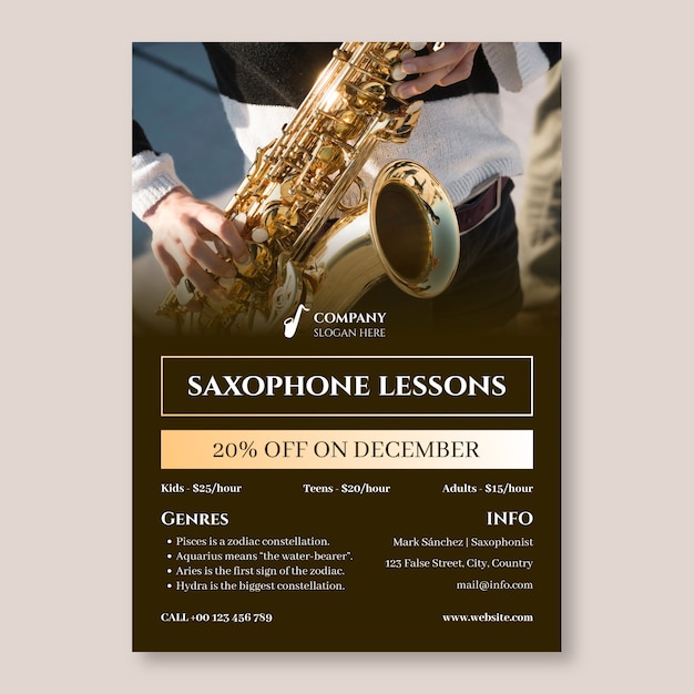 Elegant minimalist saxophone lessons flyer template