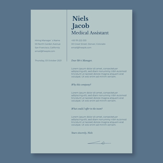 Free vector elegant modern assitant medical cover letter