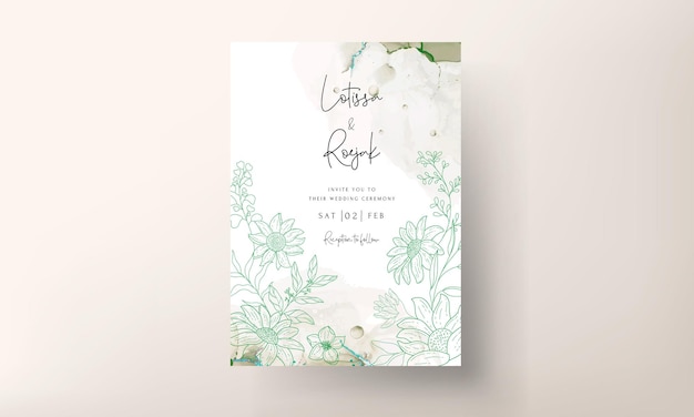우아한 모노 라인 꽃 결혼식 초대 카드