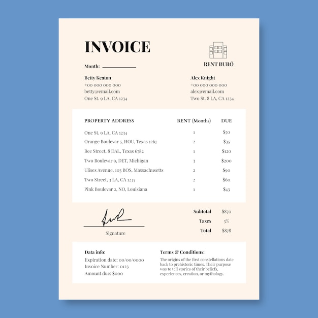 Free vector elegant monthly rent invoice