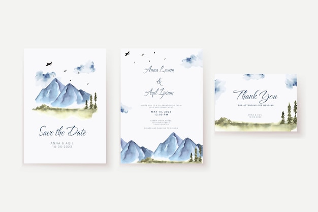 Free vector elegant mountain watercolor wedding invitation template