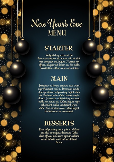 Elegante disegno del menu di capodanno con palle appese e sfondo di luci bokeh