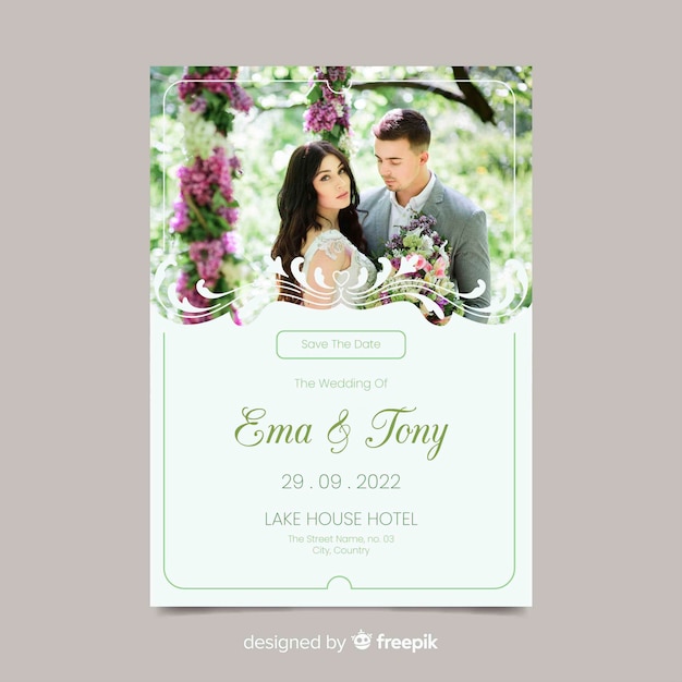 Elegant ornamental wedding invitation template with photo