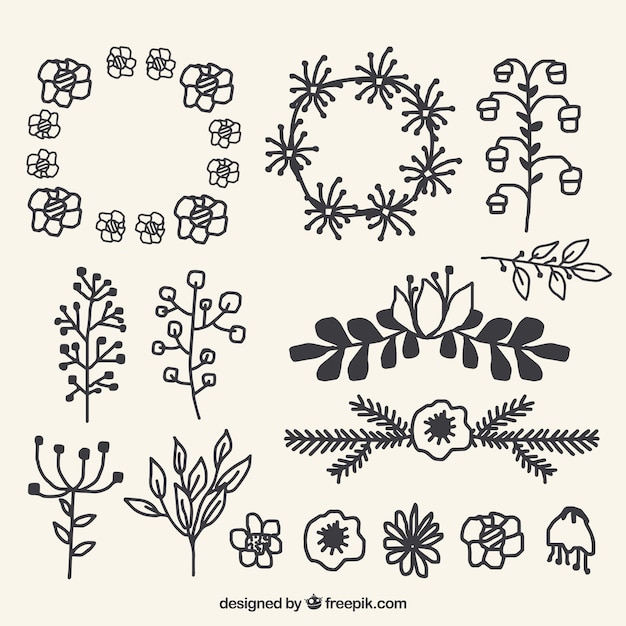 Free vector elegant pack of hand drawn floral elements