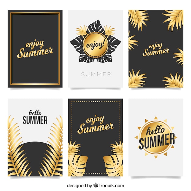 Free vector elegant pack of summer cards with golden items