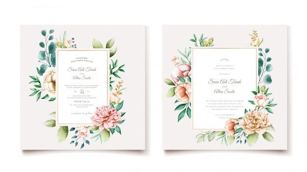 エレガントな牡丹の結婚式の招待カードテンプレート