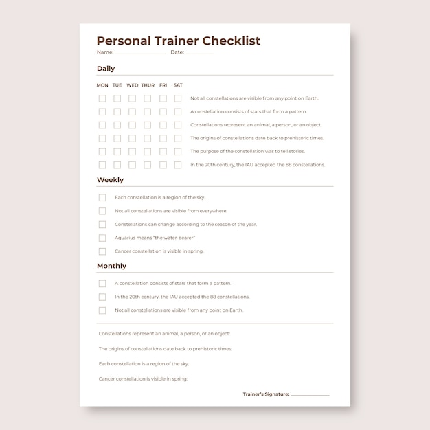 Free vector elegant personal trainer's checklist