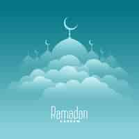 Vettore gratuito elegante carta di ramadan kareem con nuvole e moschea