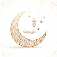Бесплатное векторное изображение Элегантный рамадан карим декоративная луна и приветствие фонарей