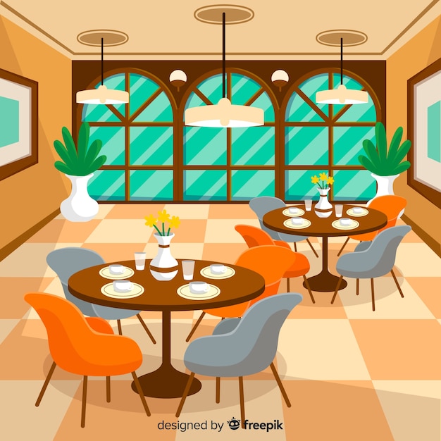 Free vector elegant restaurant interior with flat design