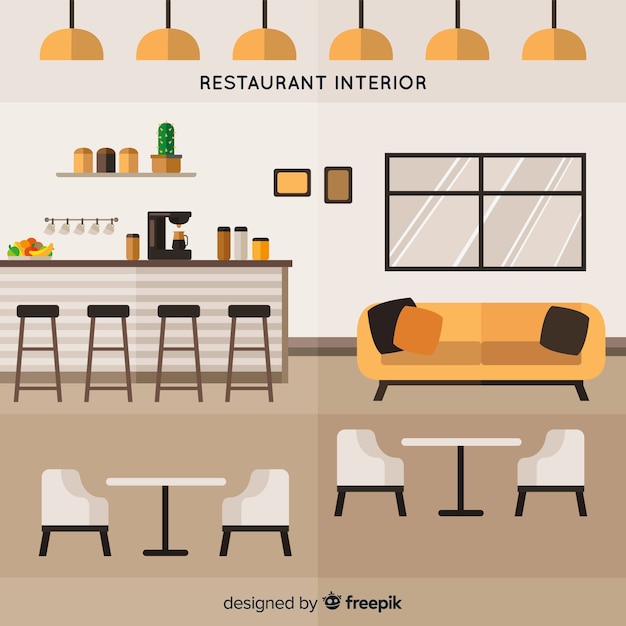 Free vector elegant restaurant interior with flat design