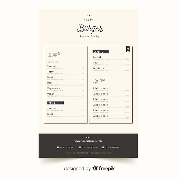 Free vector elegant restaurant menu template with vintage typography