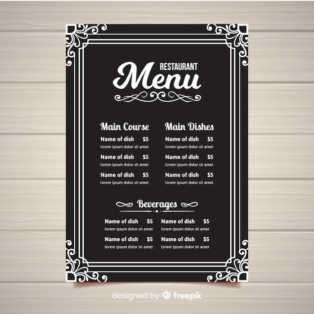 Modello di menu ristorante elegante con tipografia d'epoca