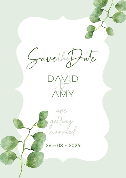 Elegant save the date invitation with hand painted watercolour leaves design