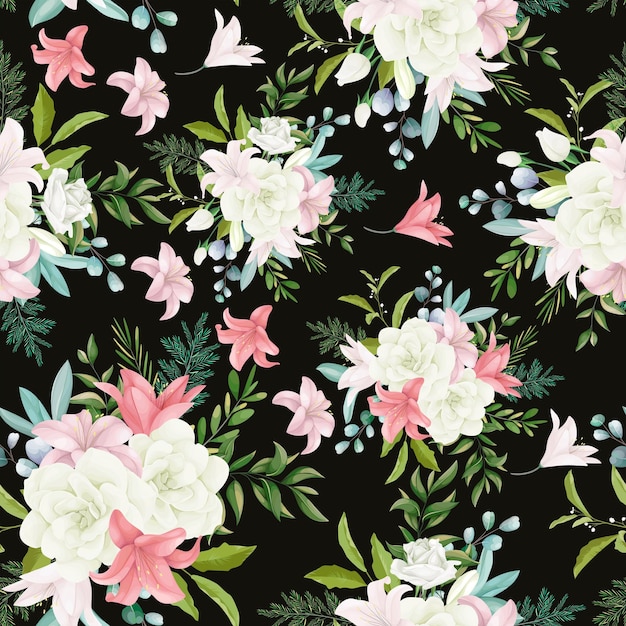 Elegant seamless pattern floral with beautiful hand drawing flower and leaves