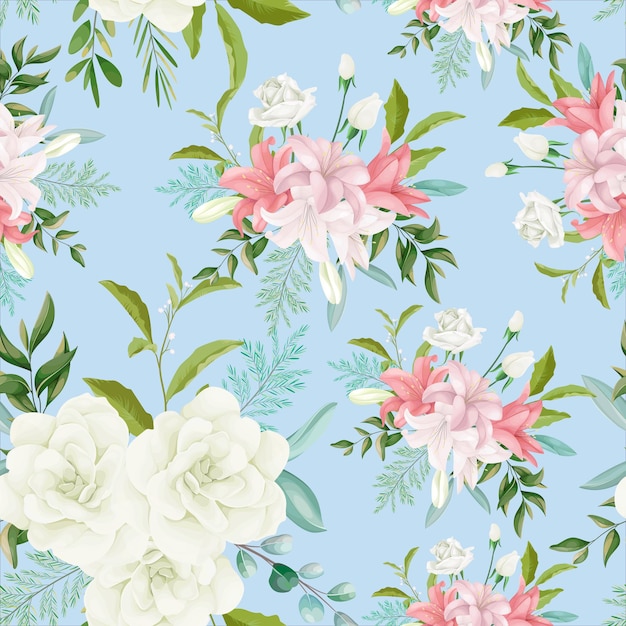 Free vector elegant seamless pattern floral with beautiful hand drawing flower and leaves