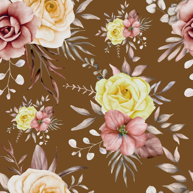 Бесплатное векторное изображение Элегантный бесшовный цветочный узор с элегантным коричневым цветком и листьями