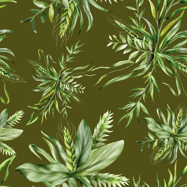 우아한 원활한 패턴 녹지 수채화 디자인 나뭇잎