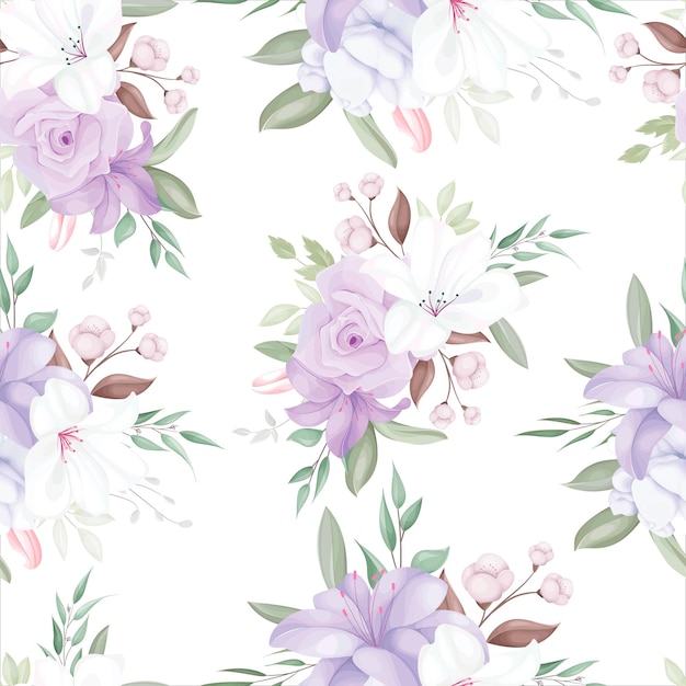 elegant seamless pattern with beautiful white and purple flowers and leaves